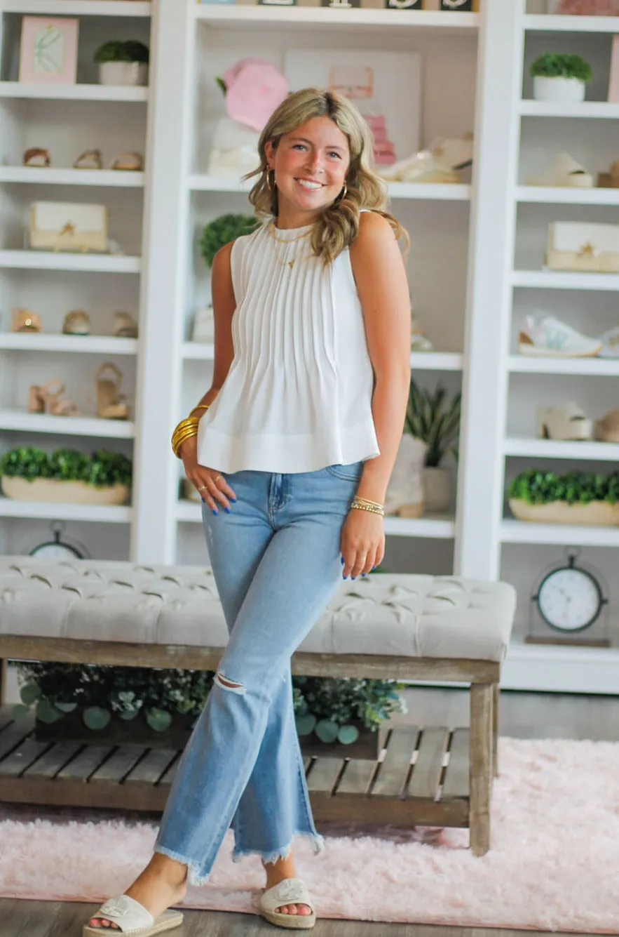 White Sleeveless Pintuck Tunic Top