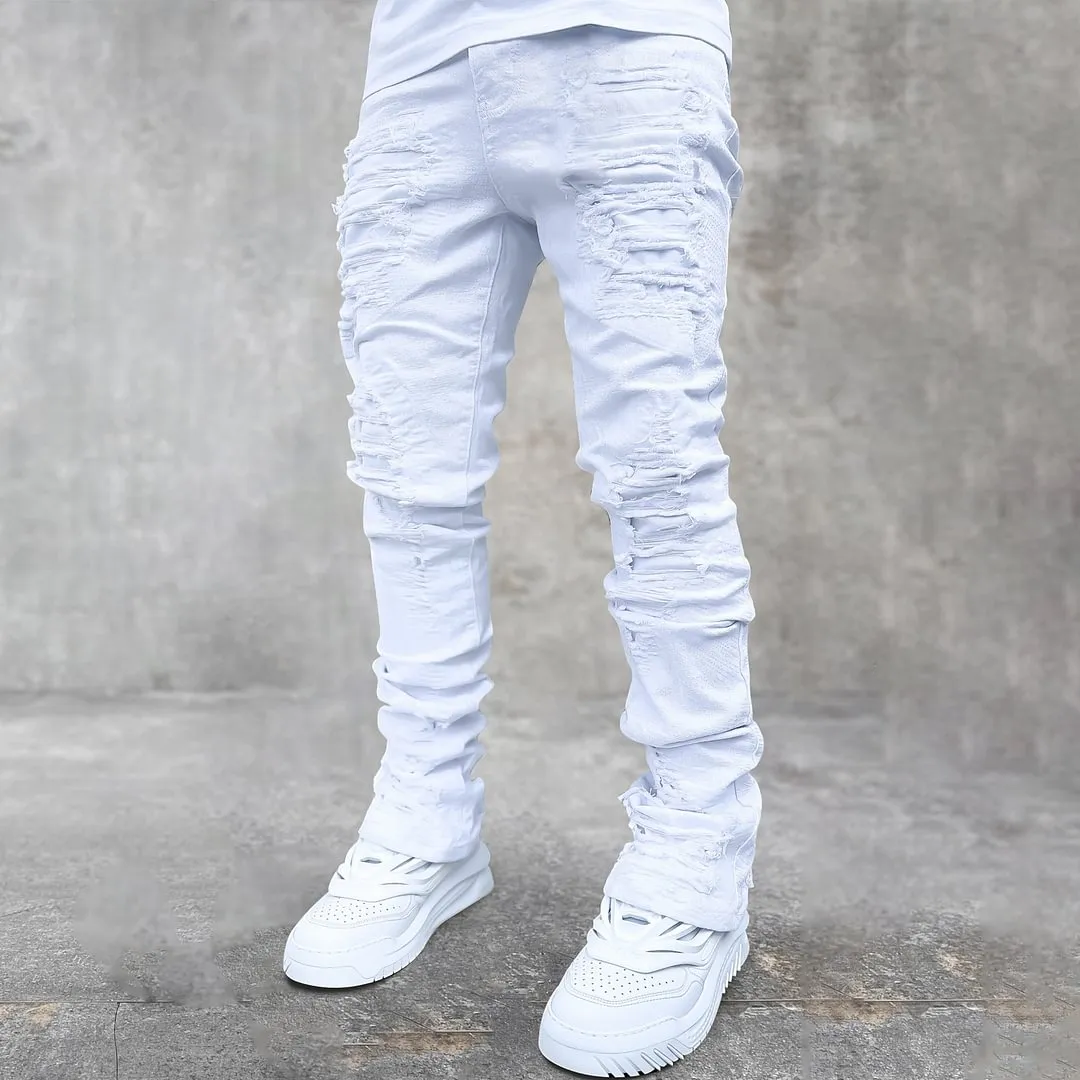 White Vintage Ripped Jeans Straight Micro Flared Pants