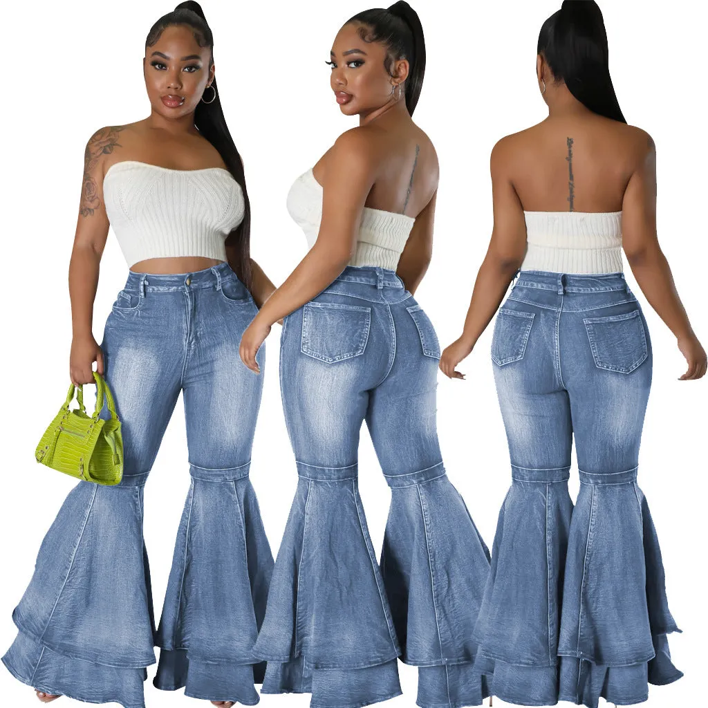 Wjczt fashion Fashionable All-Match Wide-Leg Washed Denim Stretch Flared Pants