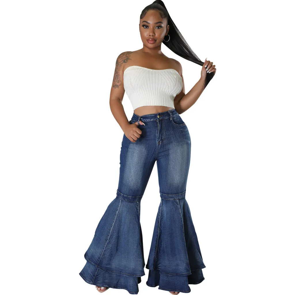 Wjczt fashion Fashionable All-Match Wide-Leg Washed Denim Stretch Flared Pants