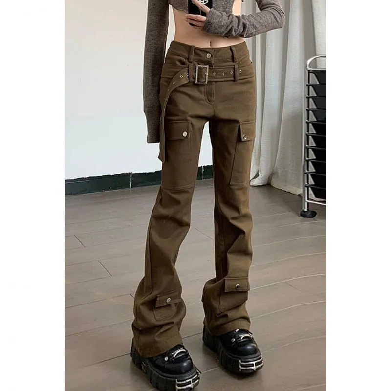 Wjczt teacher outfits American Street Vibe Brown Workwear Jeans Women's Autumn and Winter New Retro Design Belt Straight Casual Pants