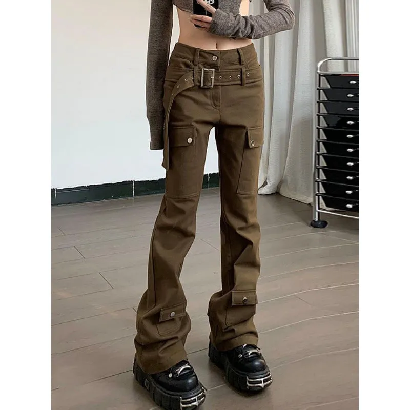 Wjczt teacher outfits American Street Vibe Brown Workwear Jeans Women's Autumn and Winter New Retro Design Belt Straight Casual Pants