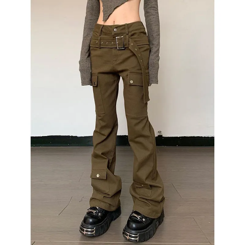 Wjczt teacher outfits American Street Vibe Brown Workwear Jeans Women's Autumn and Winter New Retro Design Belt Straight Casual Pants