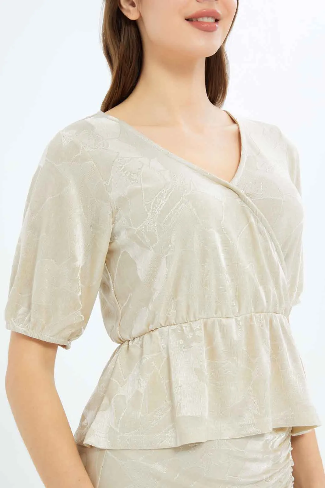 Women Beige Jacquard Wrap Blouse