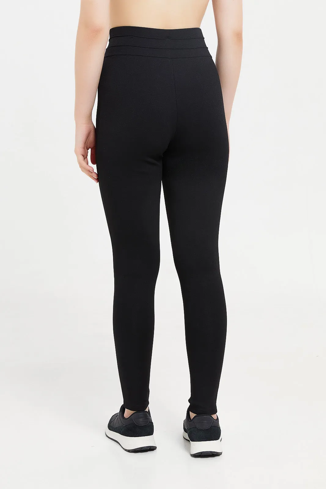 Women Black Ponte Legging With Buttons