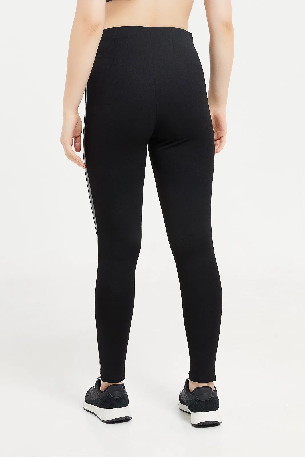 Women Black Ponte Legging With Pu Panel