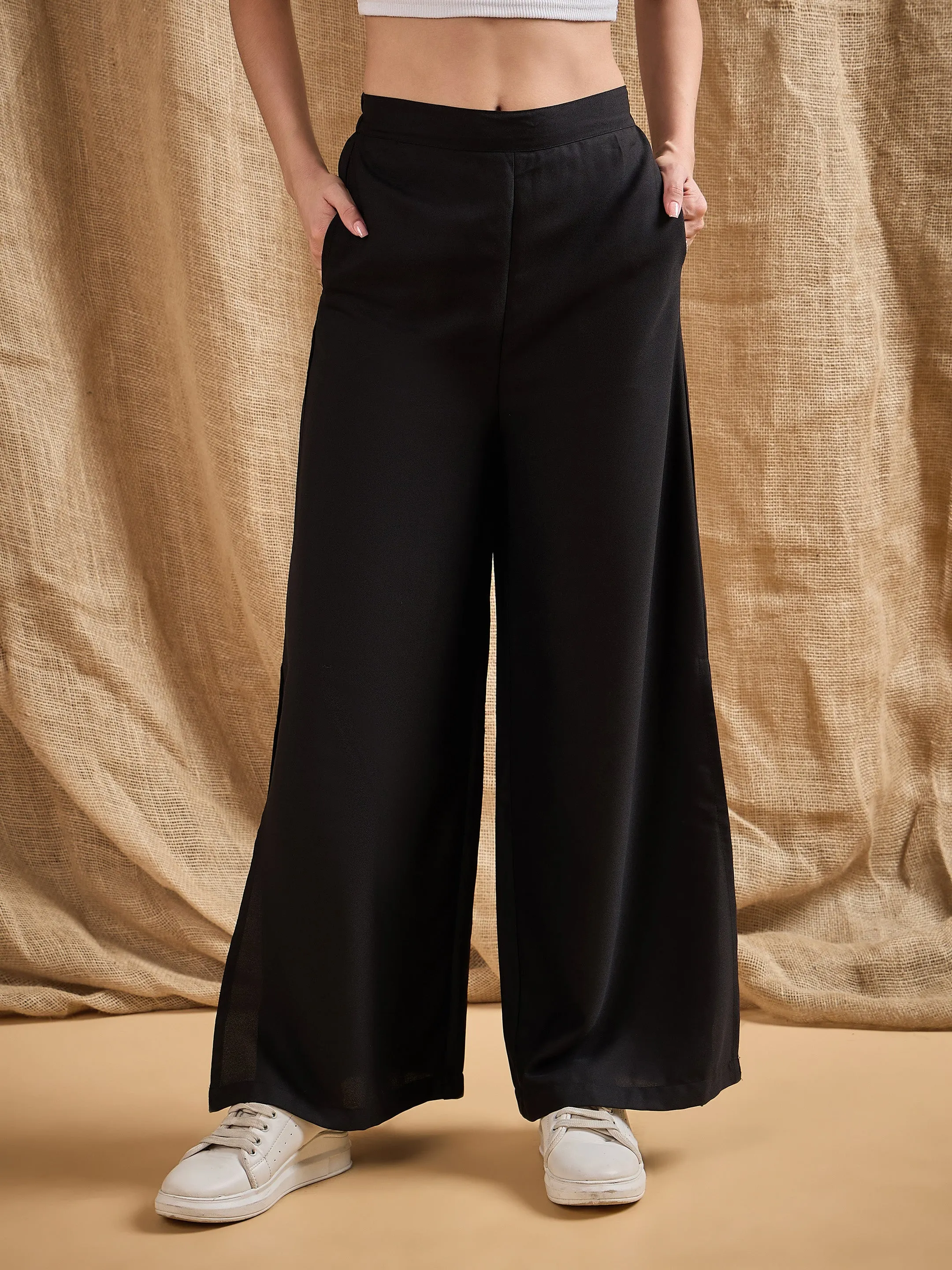 Women Black Side Slit Peekaboo Comfort Pants