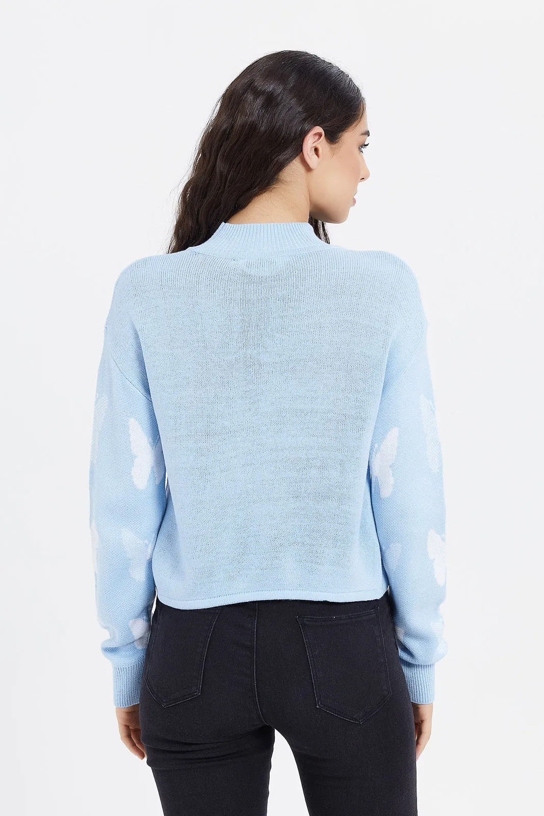 Women Blue Butterfly Knitted Pullover