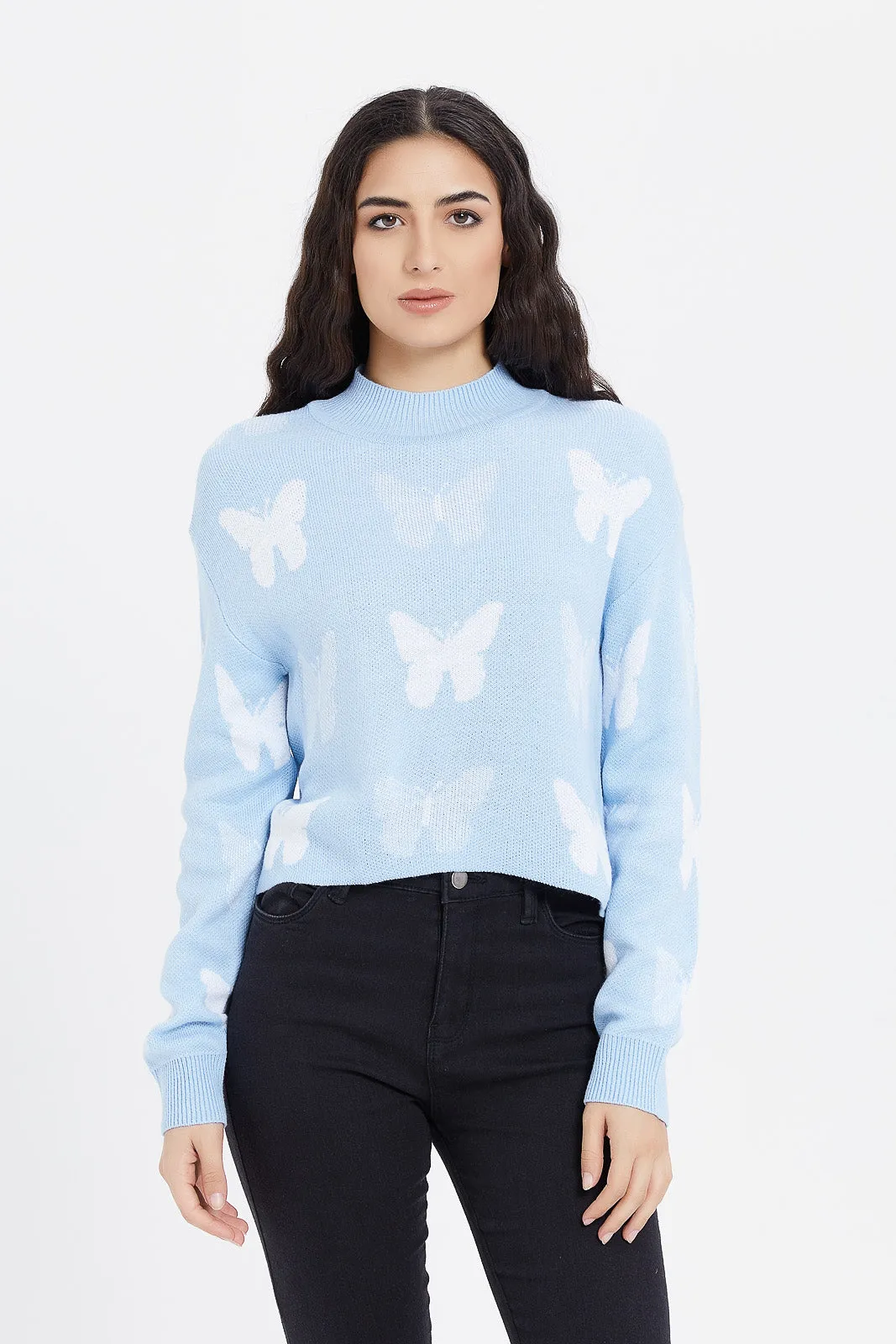 Women Blue Butterfly Knitted Pullover