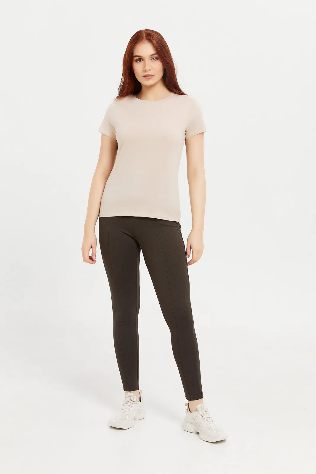 Women Green Ponte Legging With Buttons