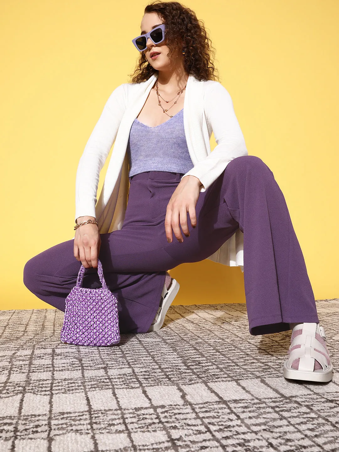 Women Lavender Bell Bottom Knitted Pants