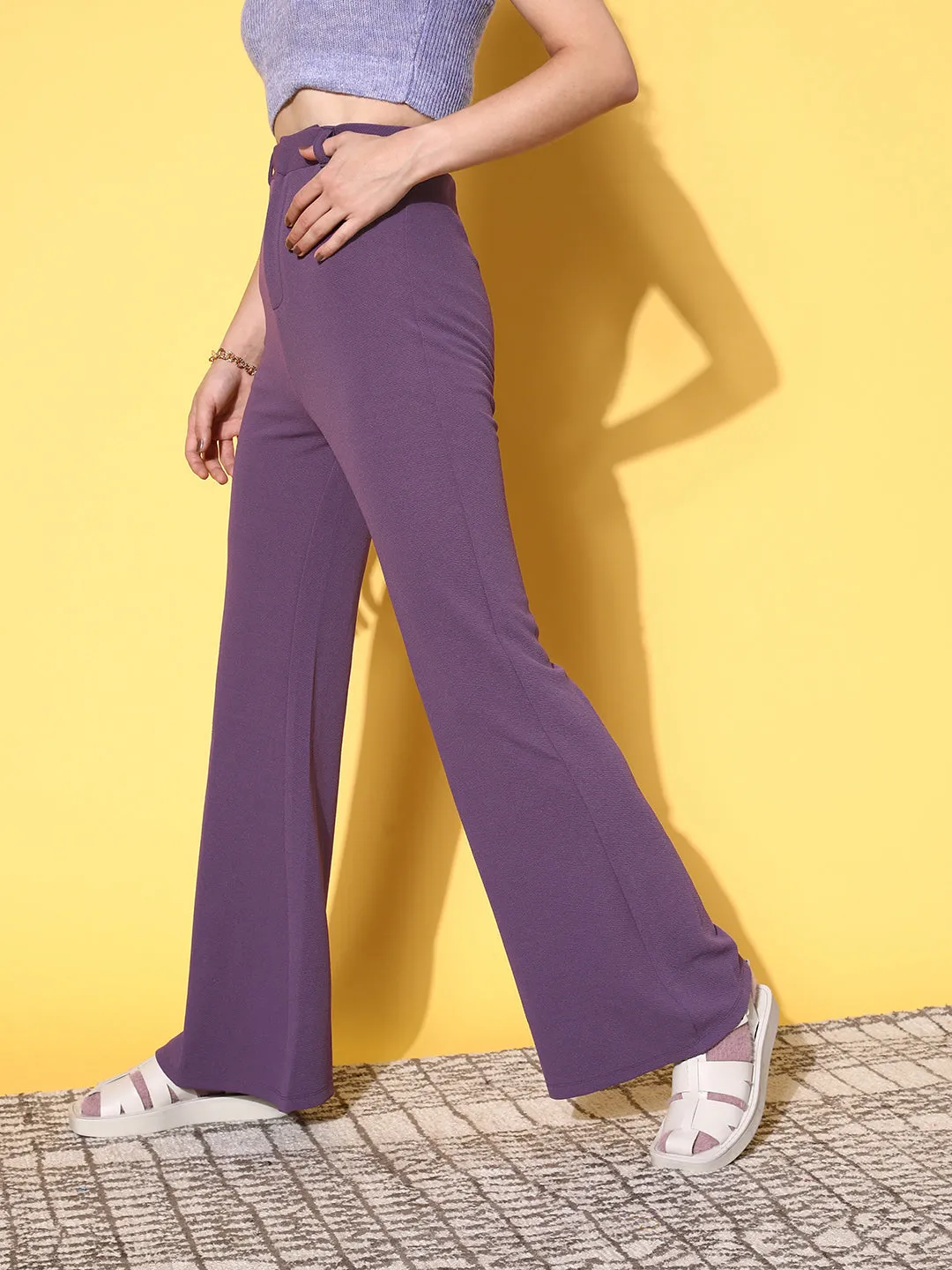 Women Lavender Bell Bottom Knitted Pants