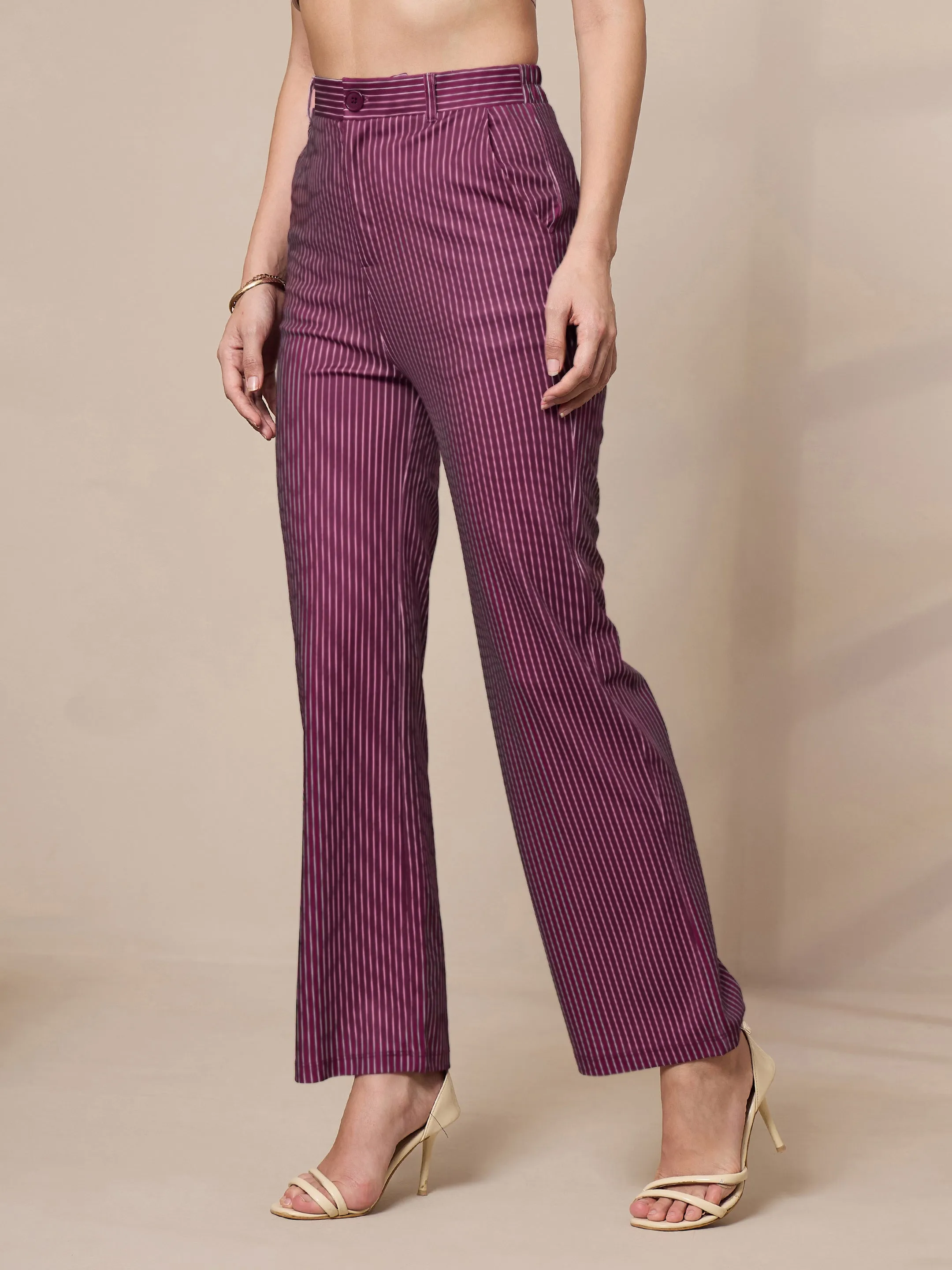 Women Maroon Striped Straight Fit Trousers