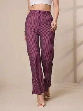 Women Maroon Striped Straight Fit Trousers