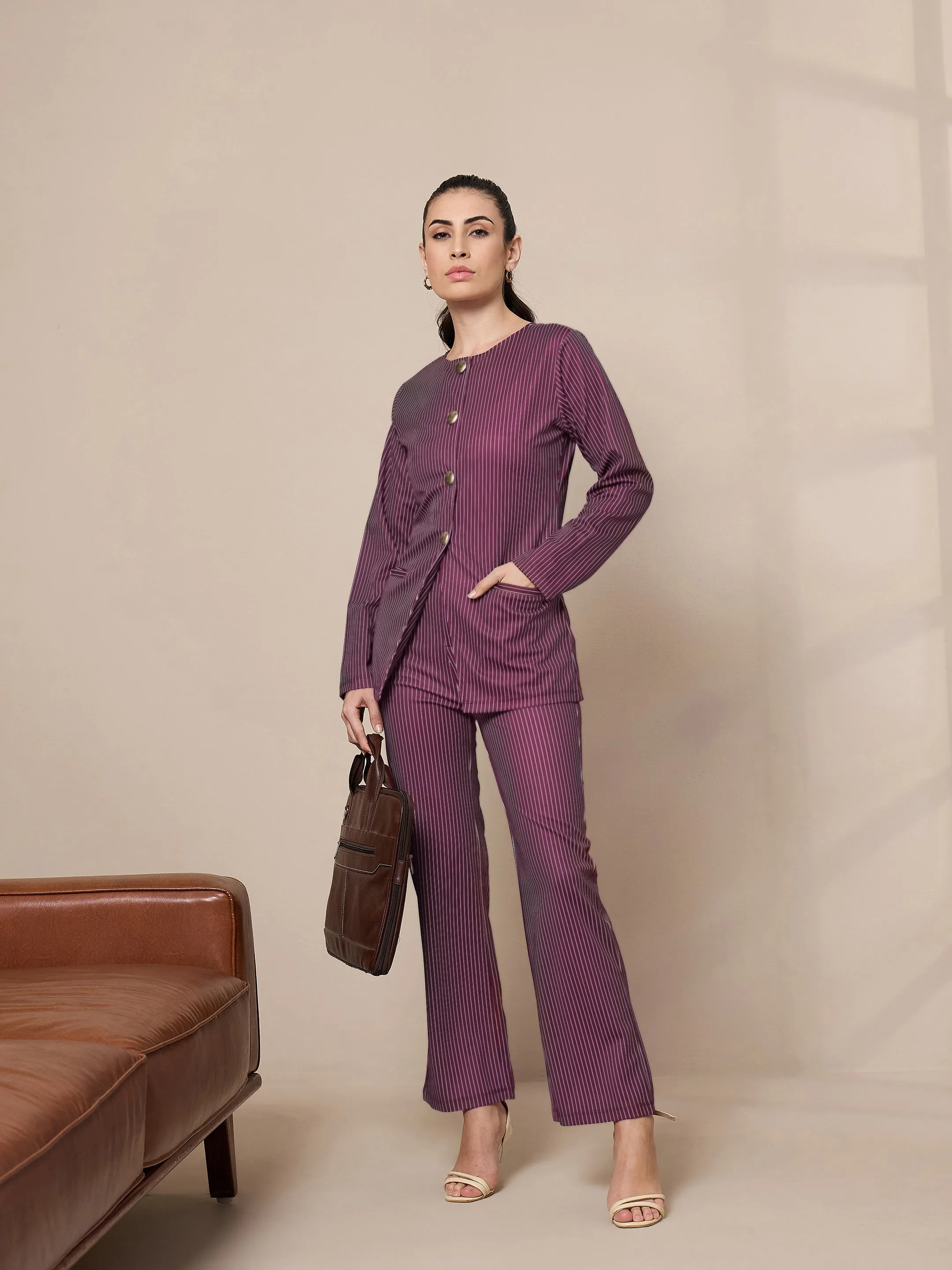 Women Maroon Striped Straight Fit Trousers