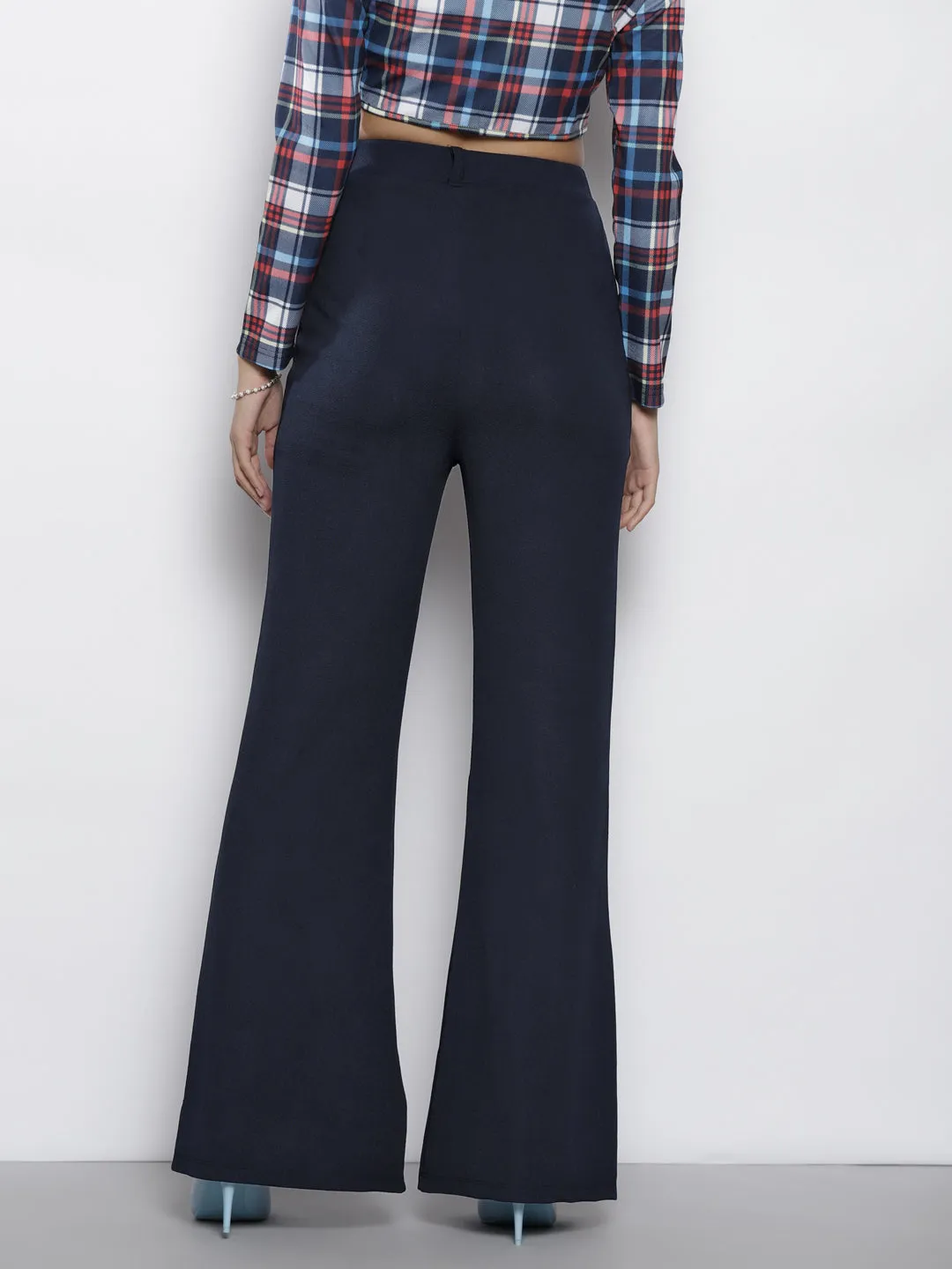 Women Navy Bell Bottom Knitted Pants