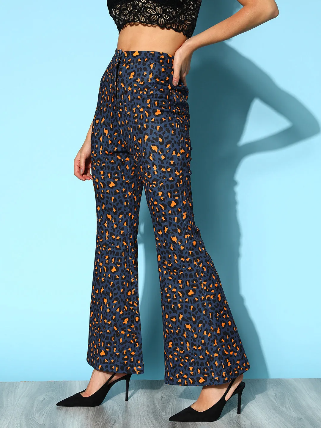 Women Navy Cheetah Scuba Bell Bottom Pants