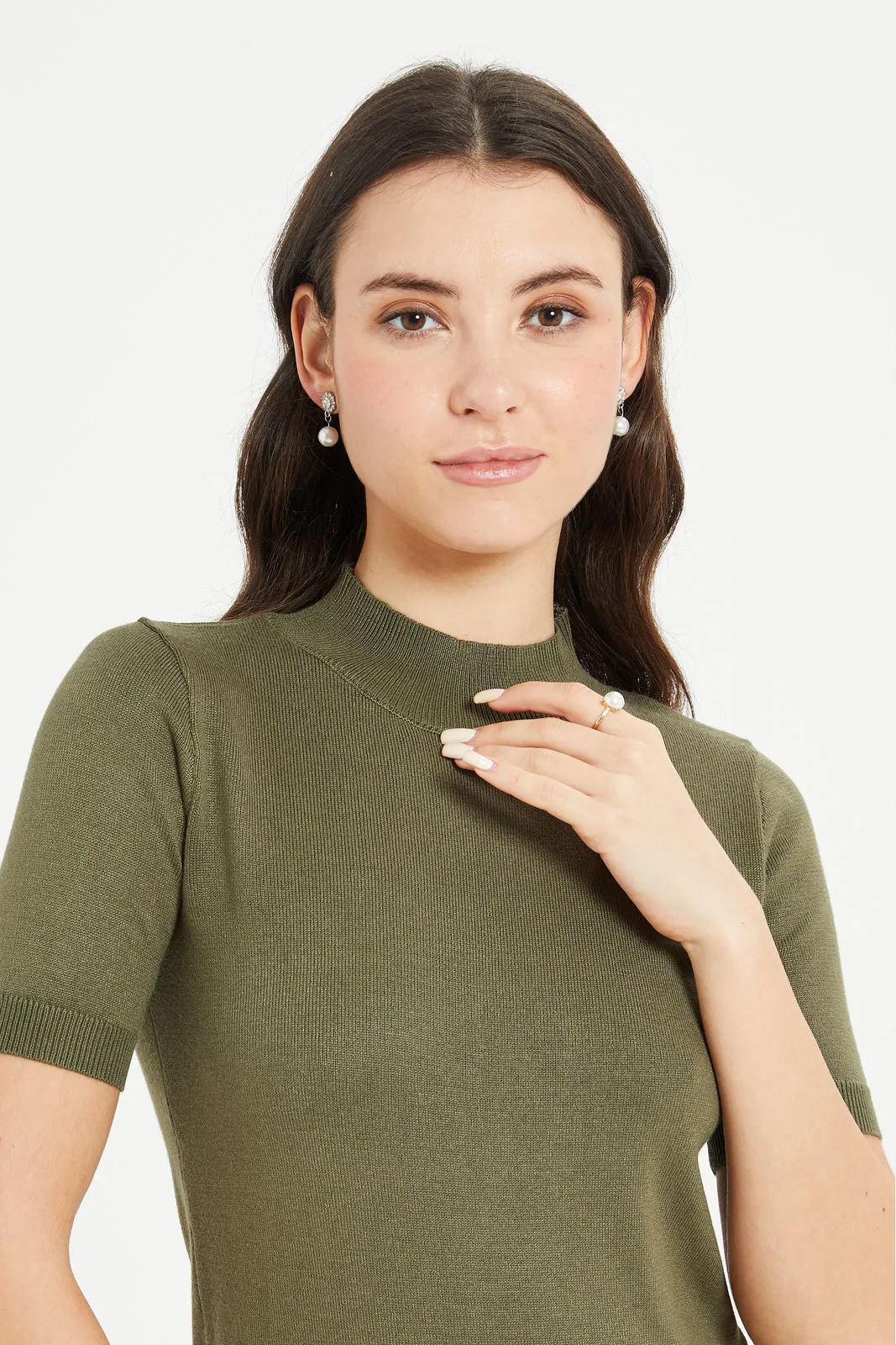 Women Olive High Neck Pullover