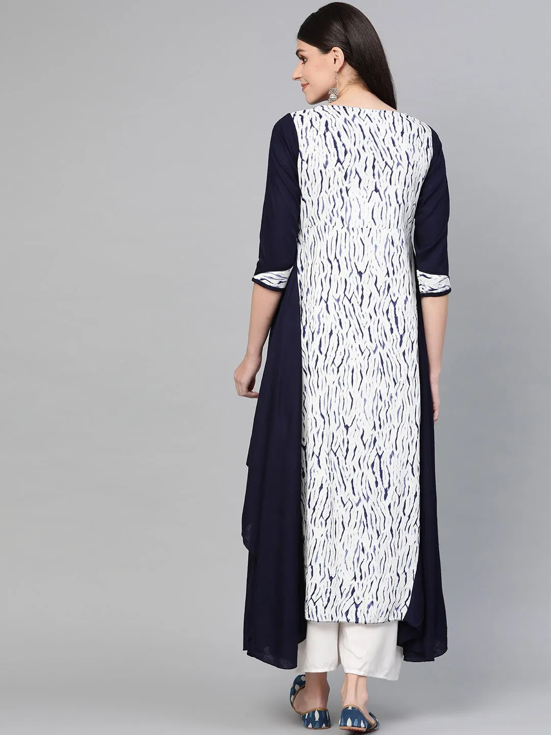 Women White & Navy Blue A-Line Kurta