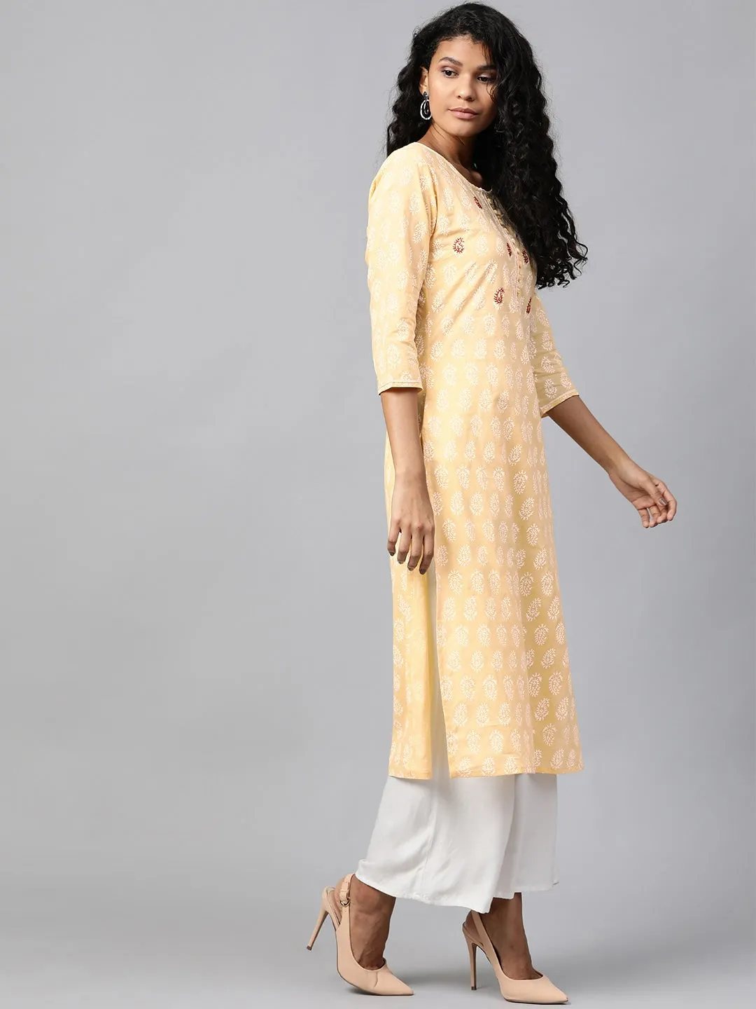 Women Yellow & White Straight Kurta