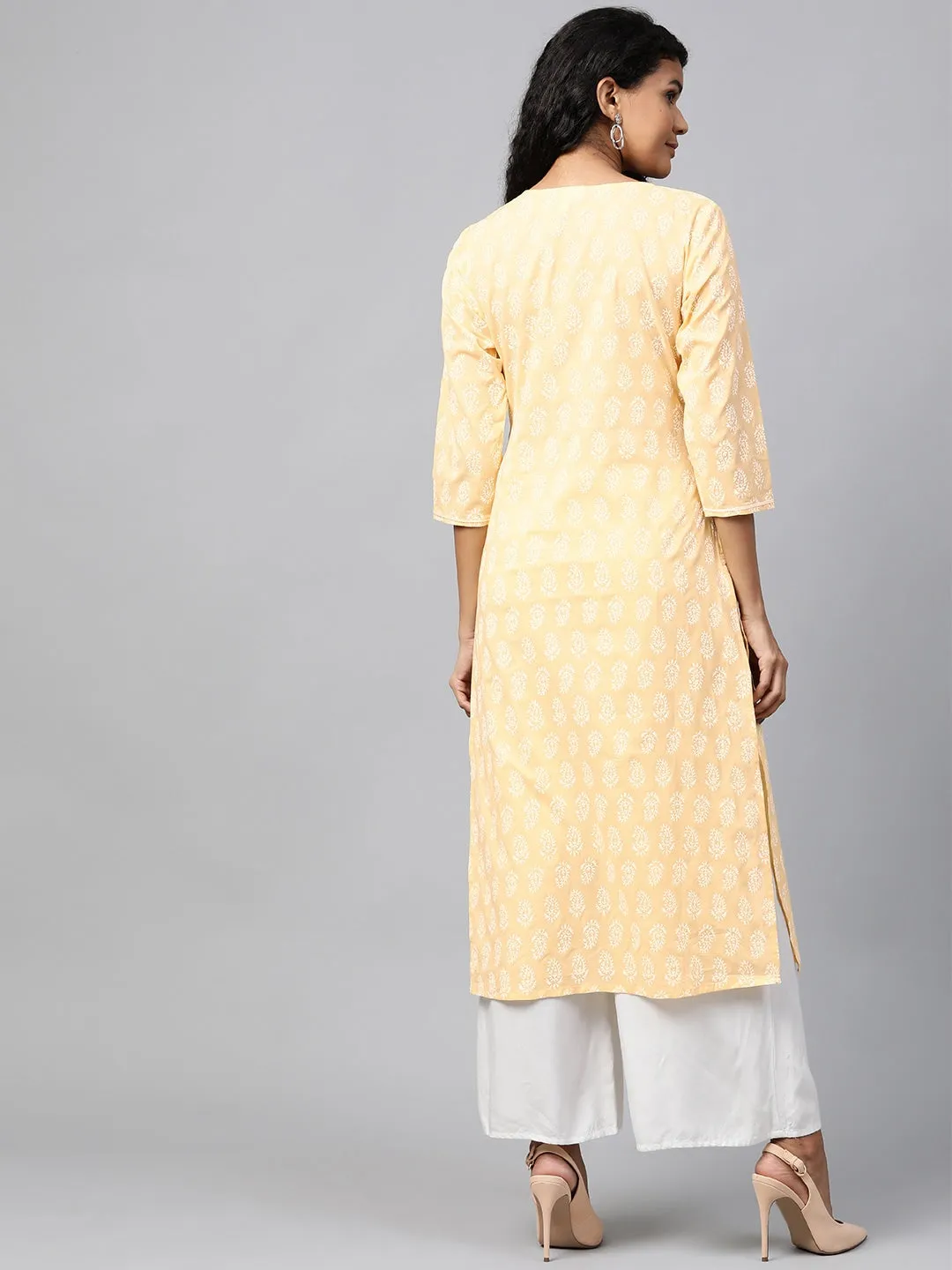 Women Yellow & White Straight Kurta