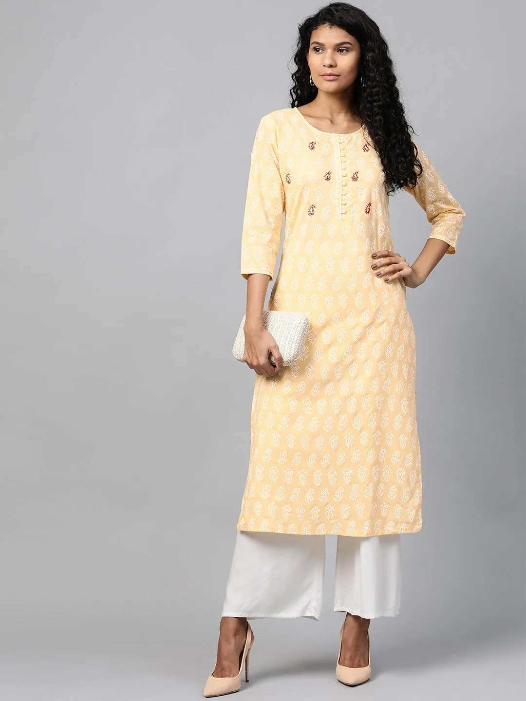 Women Yellow & White Straight Kurta