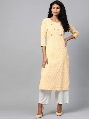 Women Yellow & White Straight Kurta