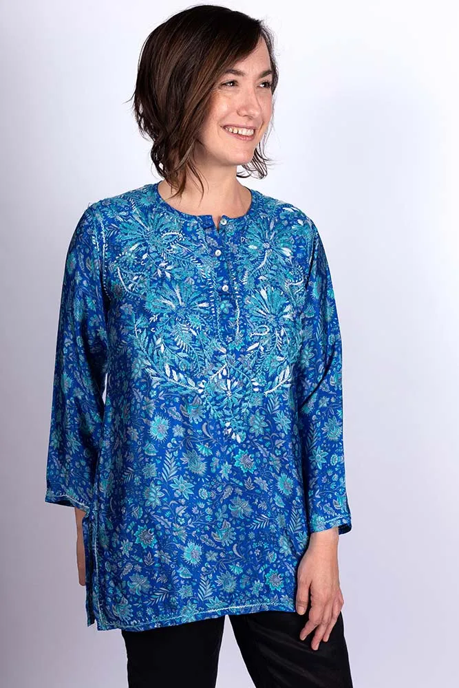 Women's Embroidered Silk Tunic Top in Turquoise Blue