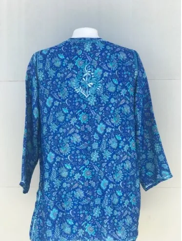 Women's Embroidered Silk Tunic Top in Turquoise Blue