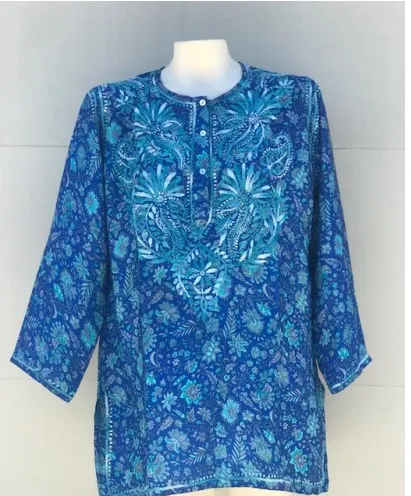 Women's Embroidered Silk Tunic Top in Turquoise Blue