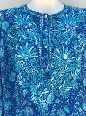 Women's Embroidered Silk Tunic Top in Turquoise Blue