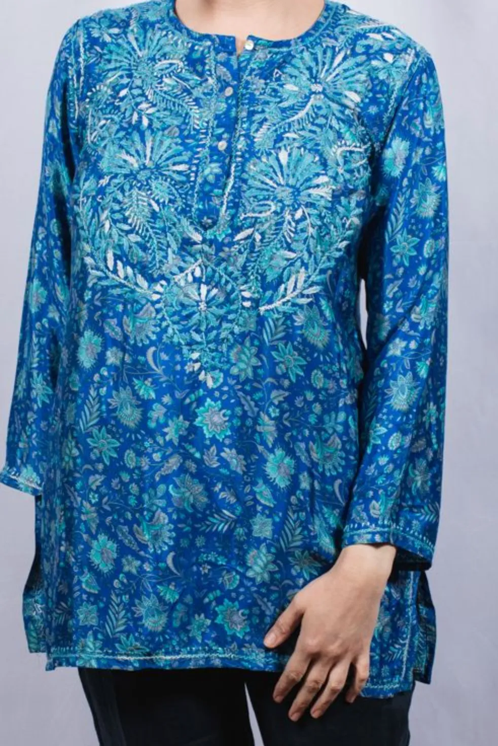 Women's Embroidered Silk Tunic Top in Turquoise Blue