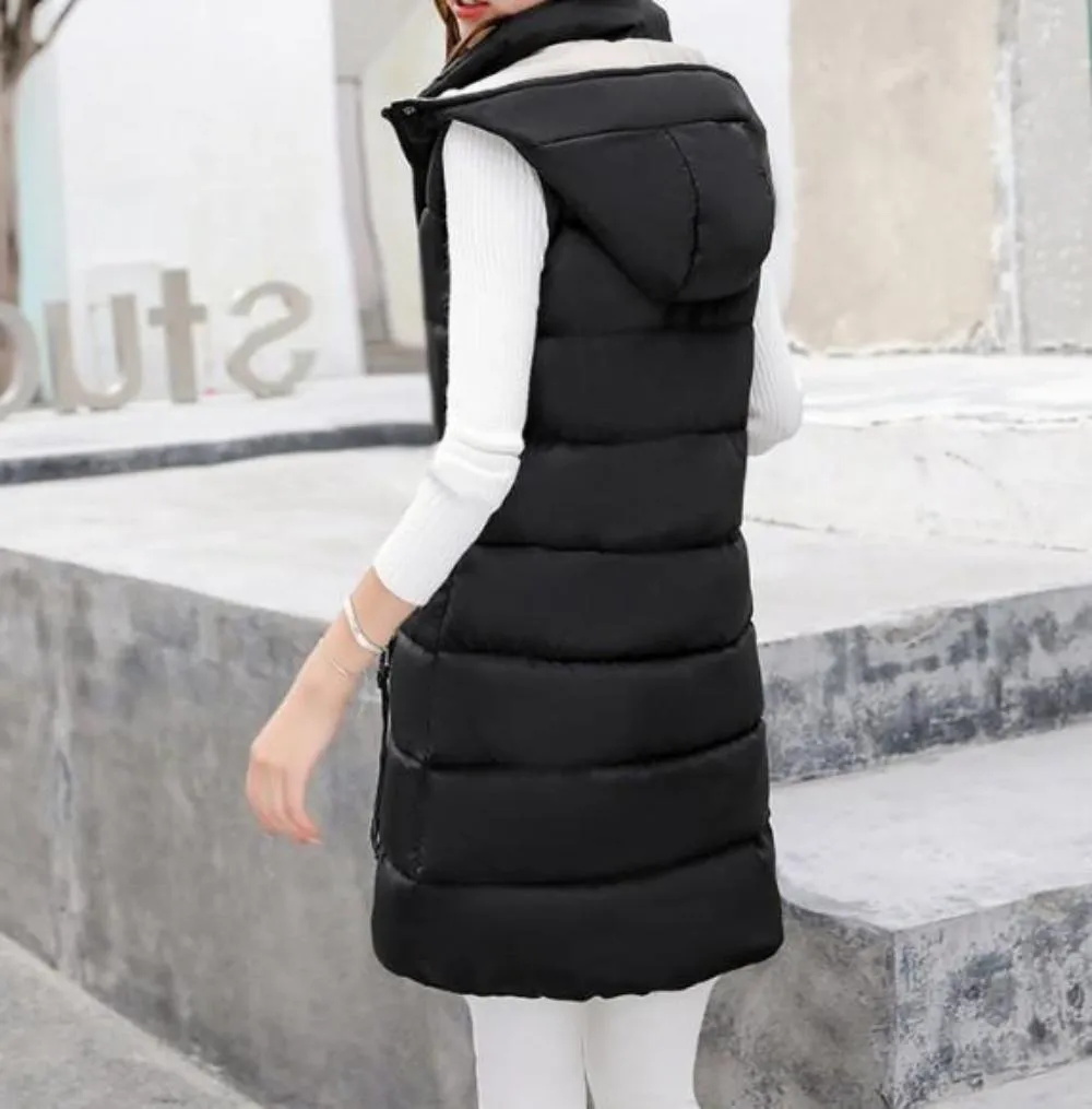 Womens High Collar Hooded Puffer Winter Vest