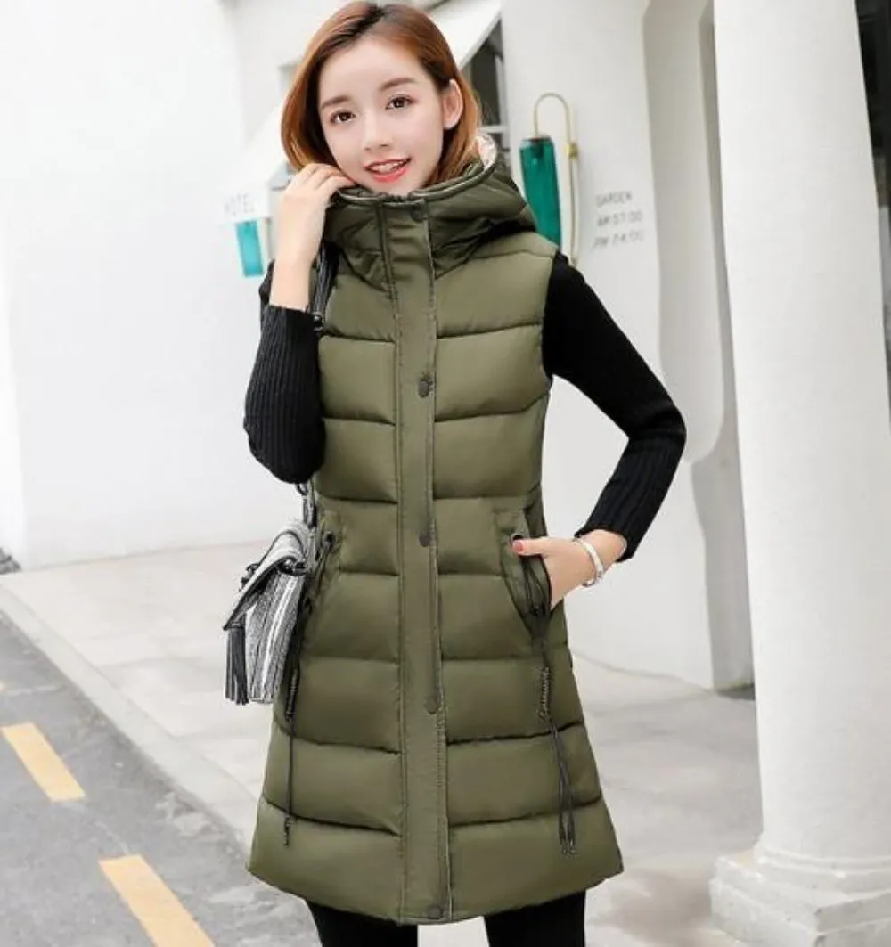 Womens High Collar Hooded Puffer Winter Vest