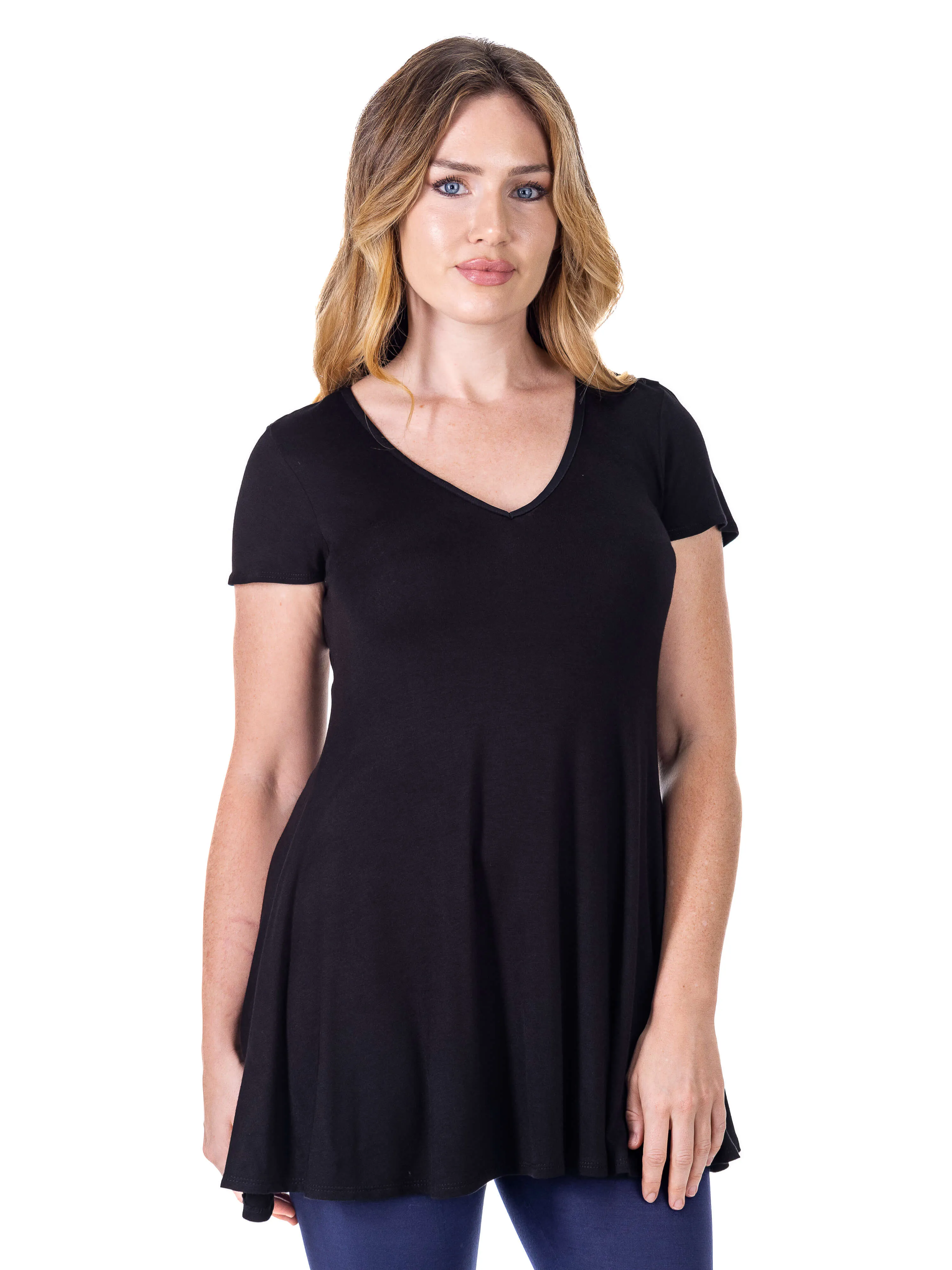 Women's Short Sleeve Loose Fit Tunic Top with V Neck