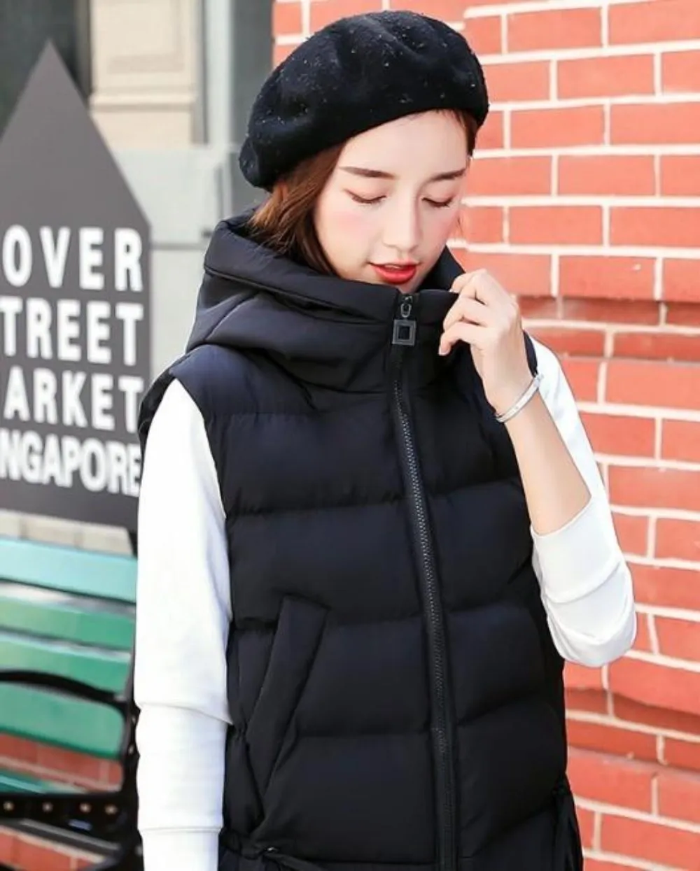 Womens Short Zipped Up Puffer Hooded Vest in Black