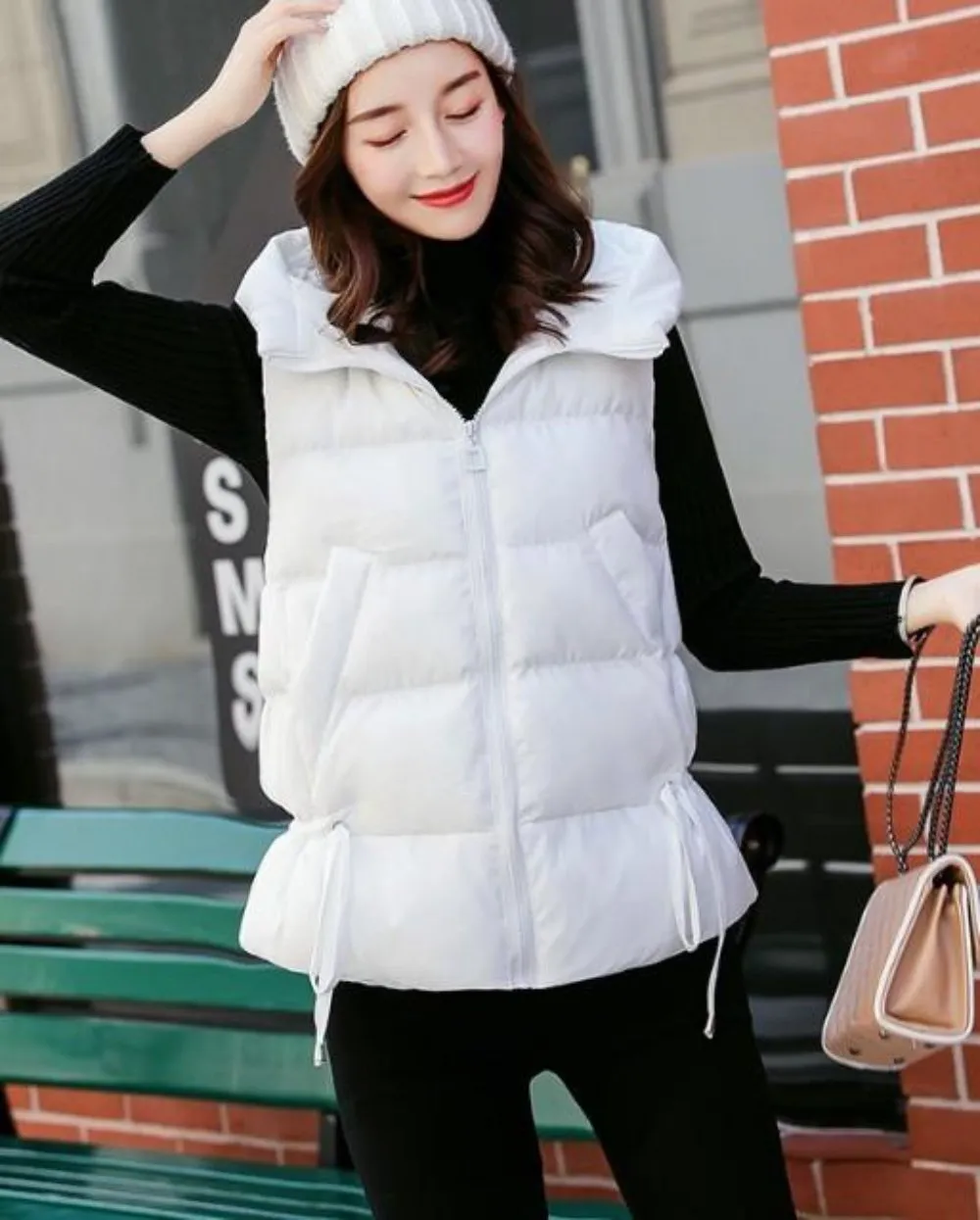 Womens Short Zipped Up Puffer Hooded Vest in Black