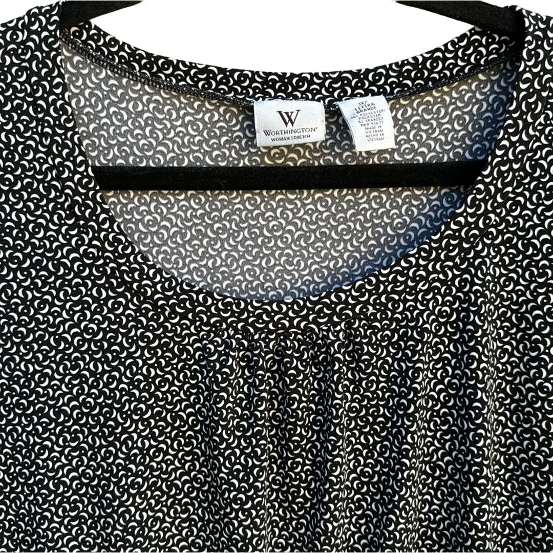 Worthington Woman Stretch Black White Scoop Neck Stretch Short Sleeve Blouse XL