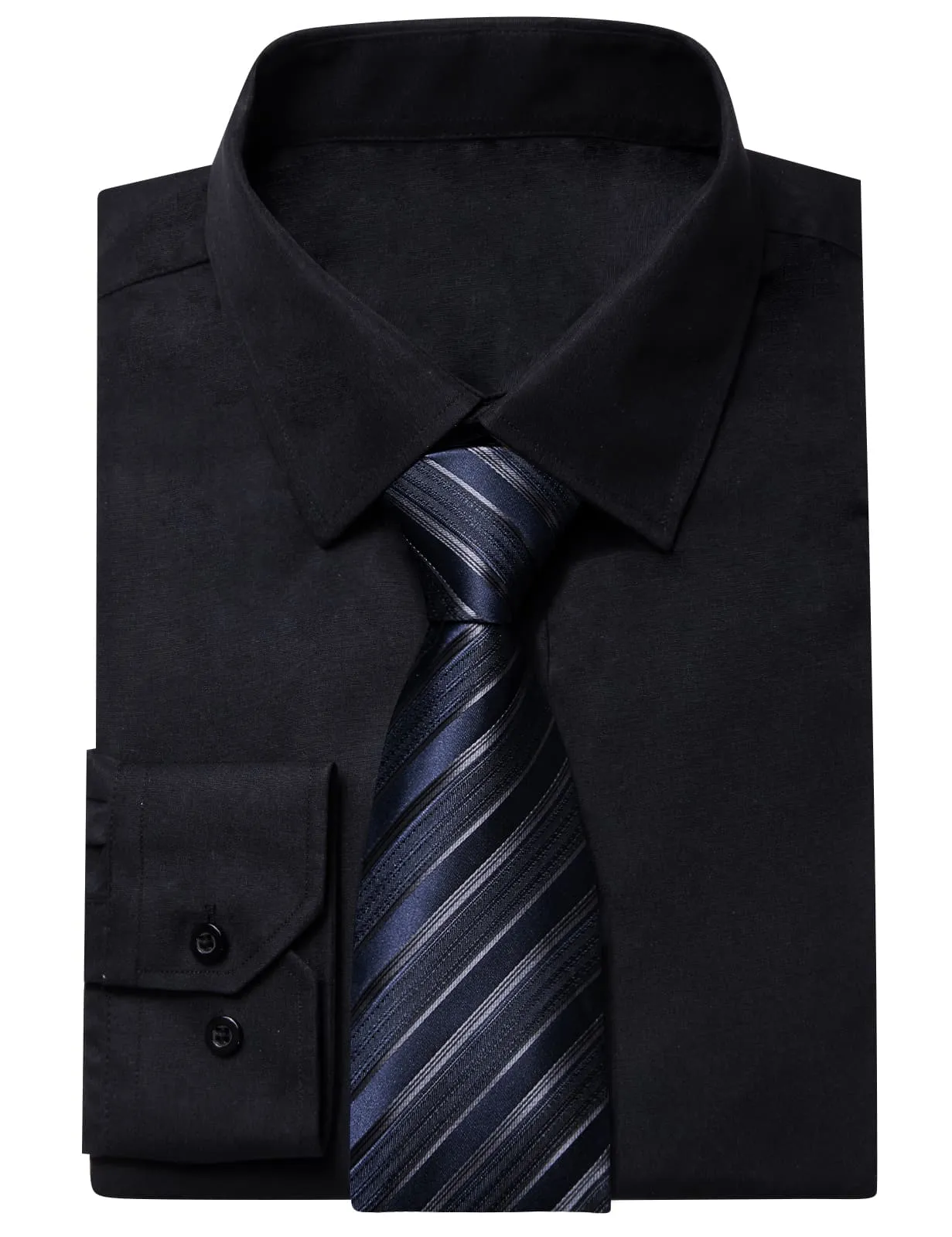 YourTies Black Solid Long Sleeve Shirt with Midnight Blue Striped Silk Tie for Men