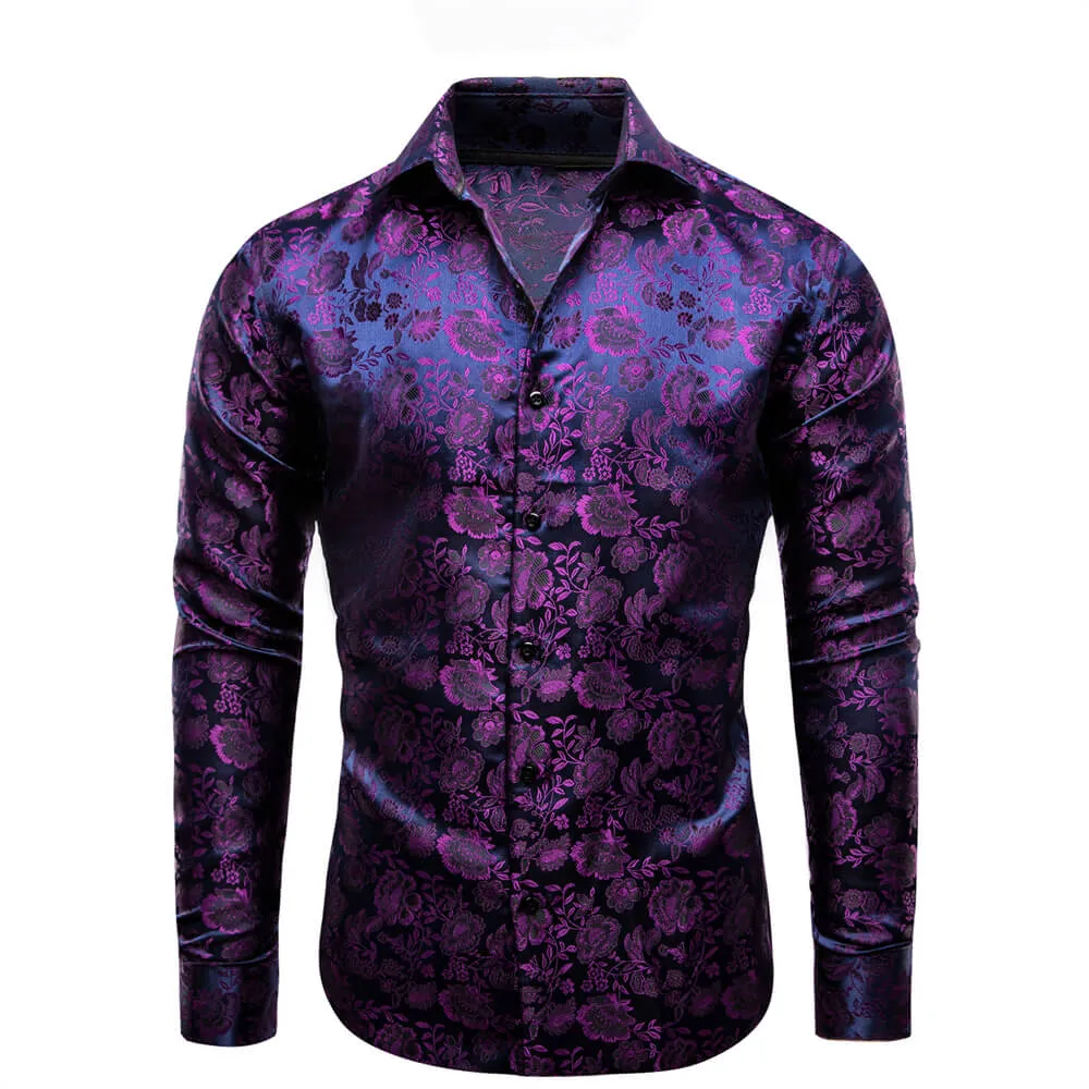 YourTies Dark Purple Shirt Black Floral Men's Top Long Sleeve Shirt