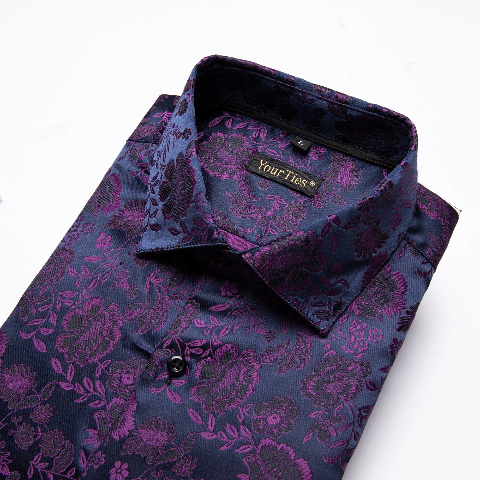 YourTies Dark Purple Shirt Black Floral Men's Top Long Sleeve Shirt